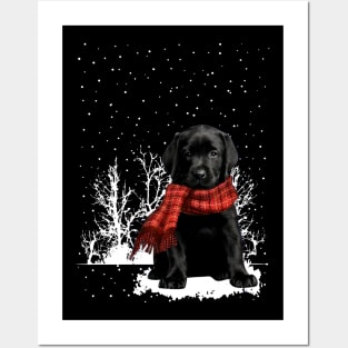 Christmas Labrador With Scarf In Winter Forest Posters and Art